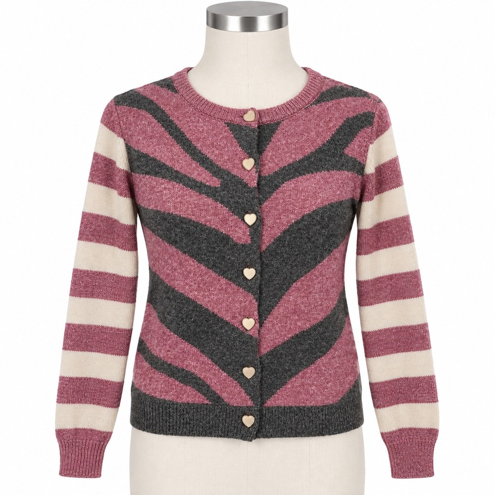 NEW ICHI Heart Button Cardigan Sweater Women's Small Pink Zebra Work Office